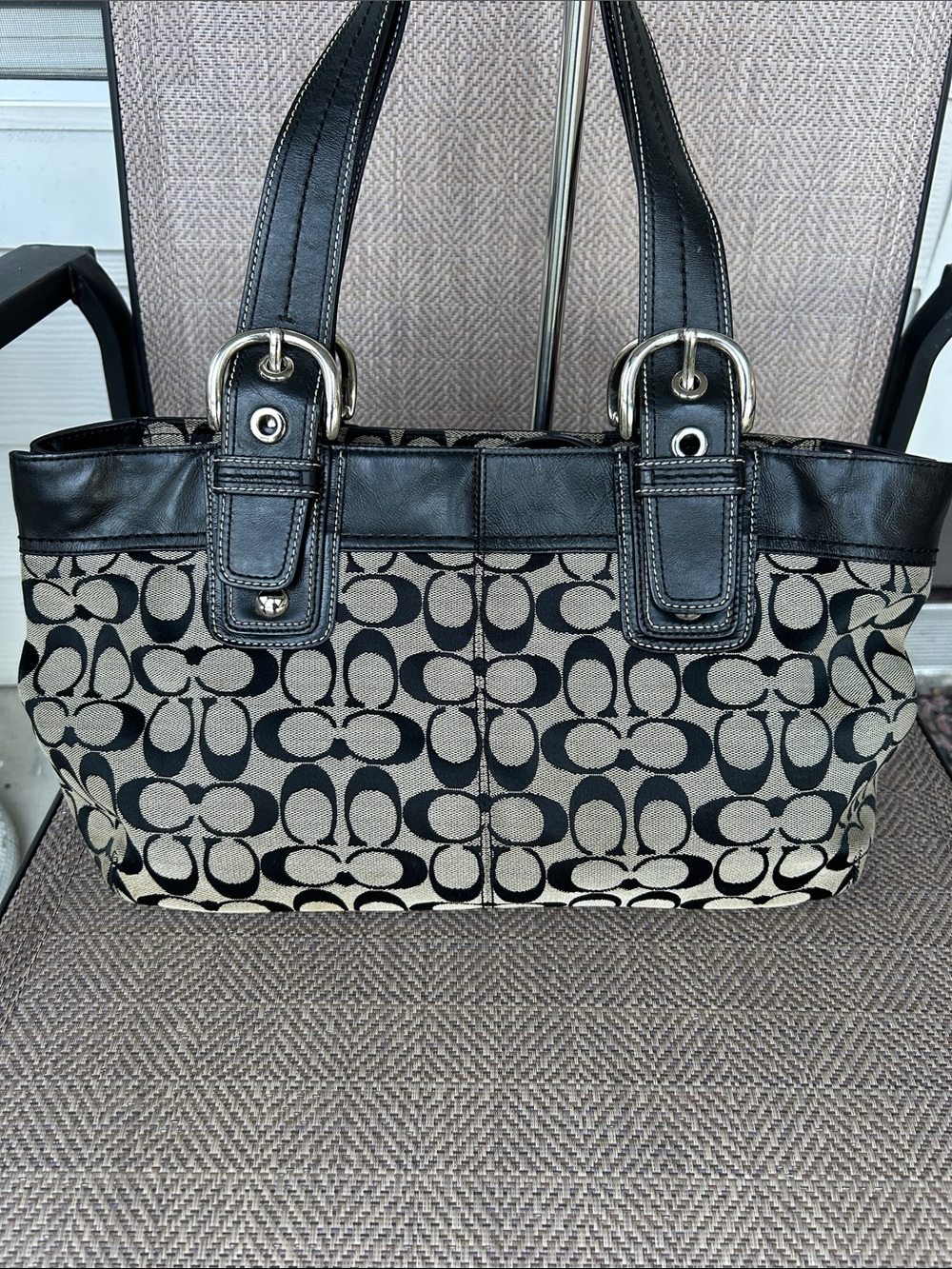 Coach F13742 Soho Black Pleated Leather Trim Signature Canvas Shoulder Bag. - Picture 6 of 16